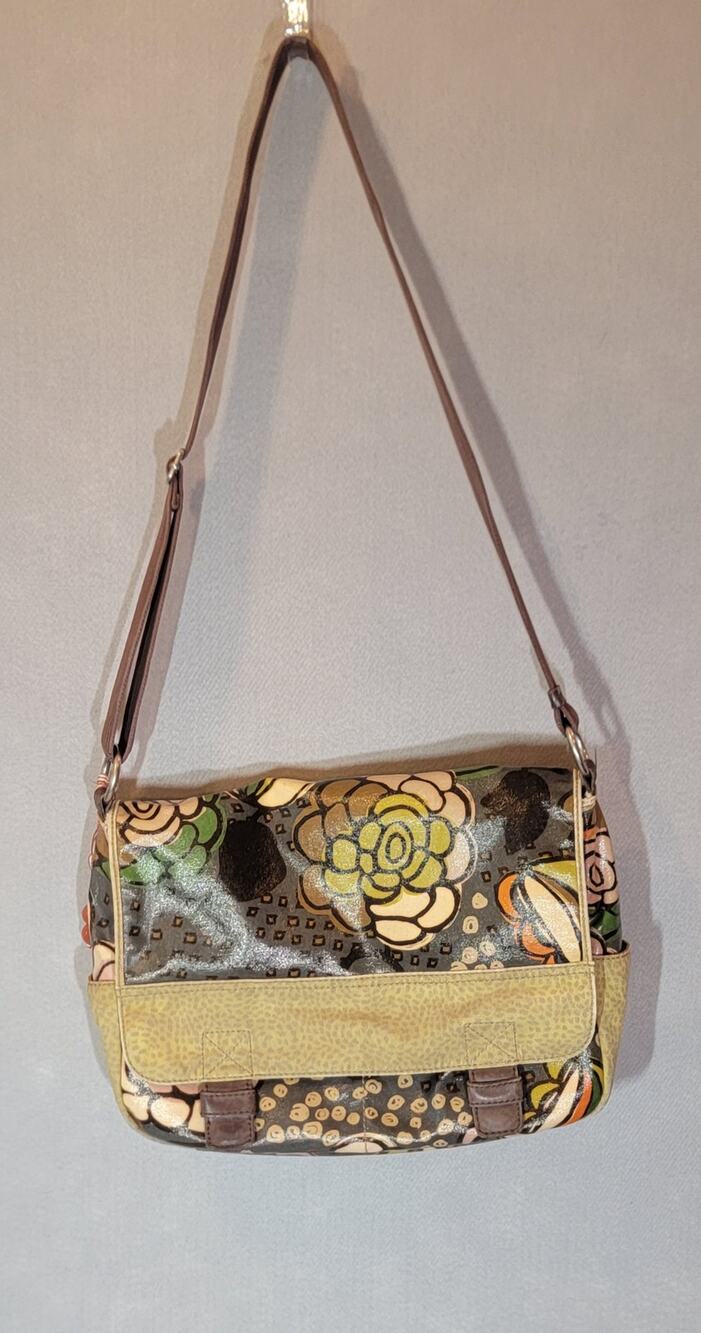 Fossil Key-Per Floral Coated Canvas Flap Messenger Tote Bag Retro Y2K